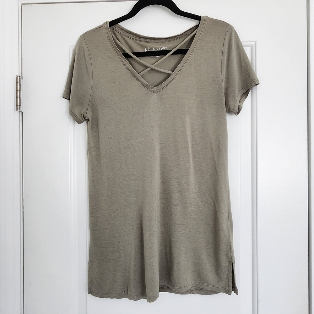Philosophy Sage Green Criss Cross Front V-Neck Tee 100% Modal S